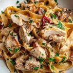 # Chicken Boscaiola Pasta ### Introduction: Indulge in the rich and flavorful Chicken Boscaiola Pasta that is not only delicious but also easy to make. This dish is perfect for a cozy dinner with loved ones or a quick weeknight meal. ### Why You’ll Love This Recipe? 1. The combination of tender chicken, crispy bacon, and creamy sauce creates a burst of amazing flavors. 2. With simple ingredients and quick prep time, this dish is perfect for busy days or meal prep. 3. The versatility of this recipe allows for ingredient substitutions to suit your taste preferences. ### Ingredient Notes: - Large boneless, skinless chicken breasts: Provide a lean protein base for the dish. - Sweet paprika, sea salt flakes, cracked black pepper: Seasonings that add depth to the flavors. - Olive oil, unsalted butter: Used for cooking the chicken and bacon. - Streaky bacon: Adds a smoky and savory element to the dish. - Small onion, finely diced, finely chopped garlic: Aromatics that enhance the overall taste. - Fettuccine: Traditional pasta choice, but feel free to use your favorite type. - Swiss brown mushrooms: Provide a meaty texture, but white or button mushrooms work as well. - Thickened (heavy) cream, chicken stock powder (bouillon): Create a creamy and rich sauce. - Freshly grated parmesan, flat-leaf parsley: Garnishes that elevate the dish's presentation. ### Step-by-Step Instructions: 1. Season chicken breasts with paprika, salt, and pepper. 2. Cook chicken in olive oil until golden brown, then set aside. 3. In the same skillet, cook bacon until crispy, then add butter, onion, and garlic. 4. Add mushrooms and cook until softened, then pour in cream and chicken stock. 5. Return chicken to the skillet, sprinkle with parmesan, and simmer until sauce thickens. 6. Serve over cooked pasta, garnished with parsley and extra parmesan. ### Helpful Tips: - To enhance the flavors, use quality parmesan cheese and fresh parsley. - For a lighter version, substitute cream with half-and-half or milk. - Store leftovers in an airtight container in the refrigerator for up to 3 days. ### Expert Tips for the Best Results: 1. Sear the chicken over high heat for a crispy exterior and juicy interior. 2. Deglaze the skillet with white wine for an extra depth of flavor. 3. Use a mix of wild mushrooms for a more earthy taste profile. ### Serving Suggestions: Pair this Chicken Boscaiola Pasta with a side salad, garlic bread, and a glass of Chardonnay for a complete meal experience. ### Storage and Reheating Tips: To reheat, gently warm the pasta in a skillet with a splash of cream to prevent drying out. Add a little chicken stock if needed to loosen the sauce. ### Frequently Asked Questions: 1. Can I use chicken thighs instead of chicken breasts? - Yes, chicken thighs can be used for a more flavorful option. 2. What can I substitute for bacon? - Pancetta or ham can be used as alternatives to bacon. 3. Can I freeze this dish? - It is not recommended to freeze pasta dishes with cream-based sauces as they may separate when reheated. 4. How can I make this recipe vegetarian? - Substitute the chicken and bacon with plant-based alternatives like tofu and vegan bacon. ### Conclusion: Try out this Chicken Boscaiola Pasta recipe for a comforting and satisfying meal that is sure to impress your taste buds. Don't forget to share your feedback and enjoy every bite of this delicious dish!